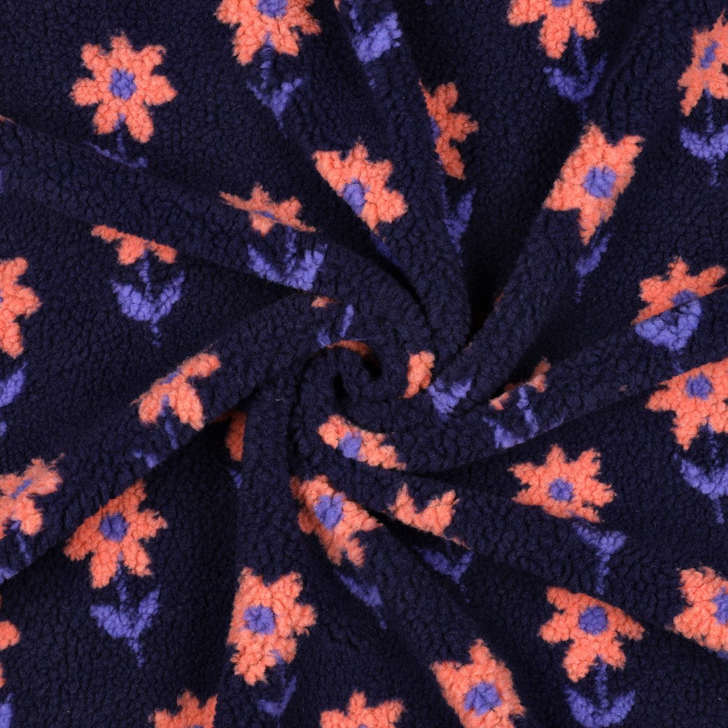 BALD ERHÄLTLICH - Teddystoff Jacquard Blumen dunkelblau