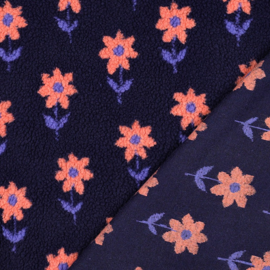 BALD ERHÄLTLICH - Teddystoff Jacquard Blumen dunkelblau