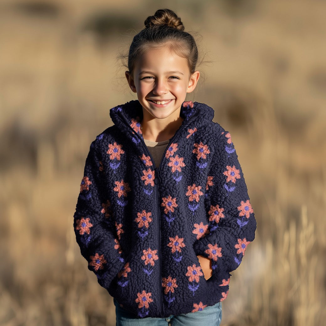 BALD ERHÄLTLICH - Teddystoff Jacquard Blumen dunkelblau