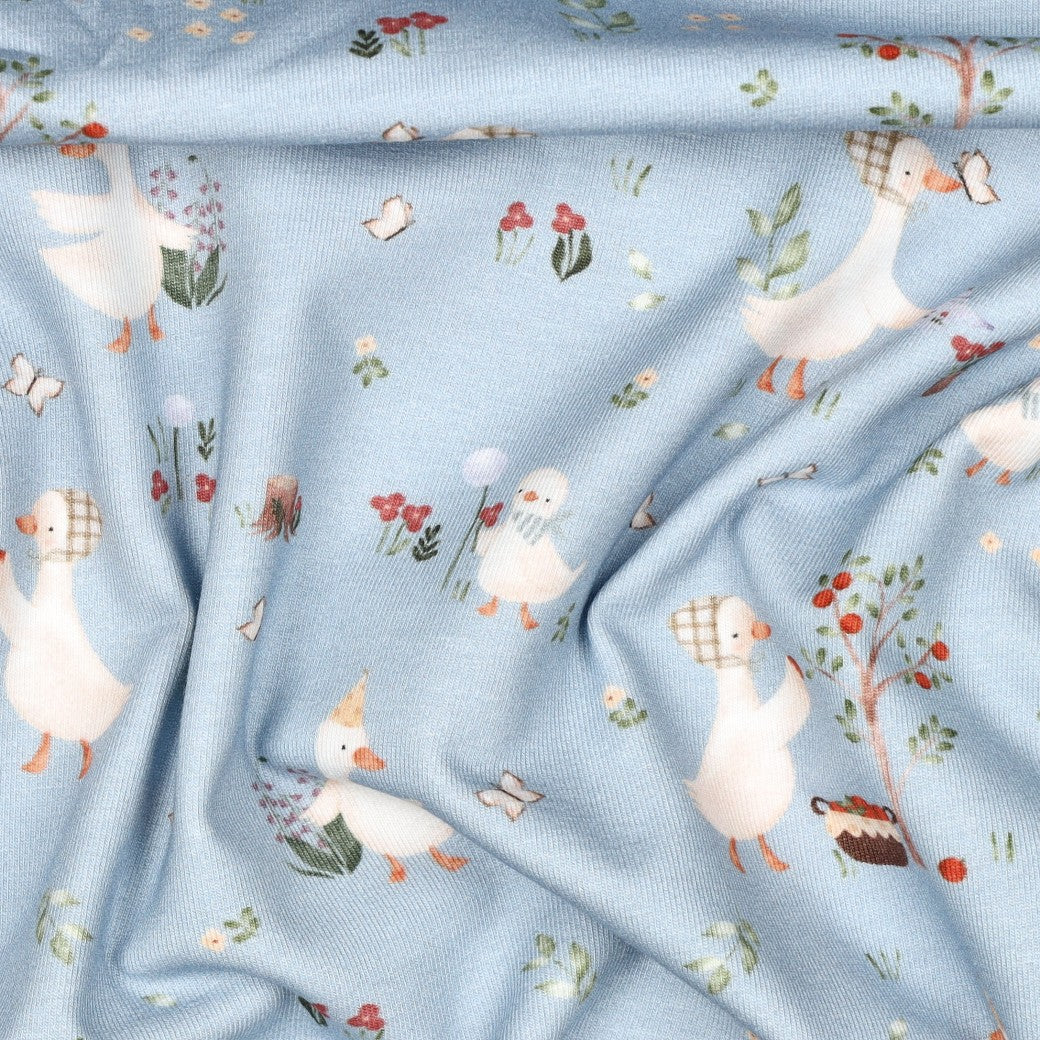 BALD ERHÄLTLICH - Jersey Bio Gänse & Blumen blau