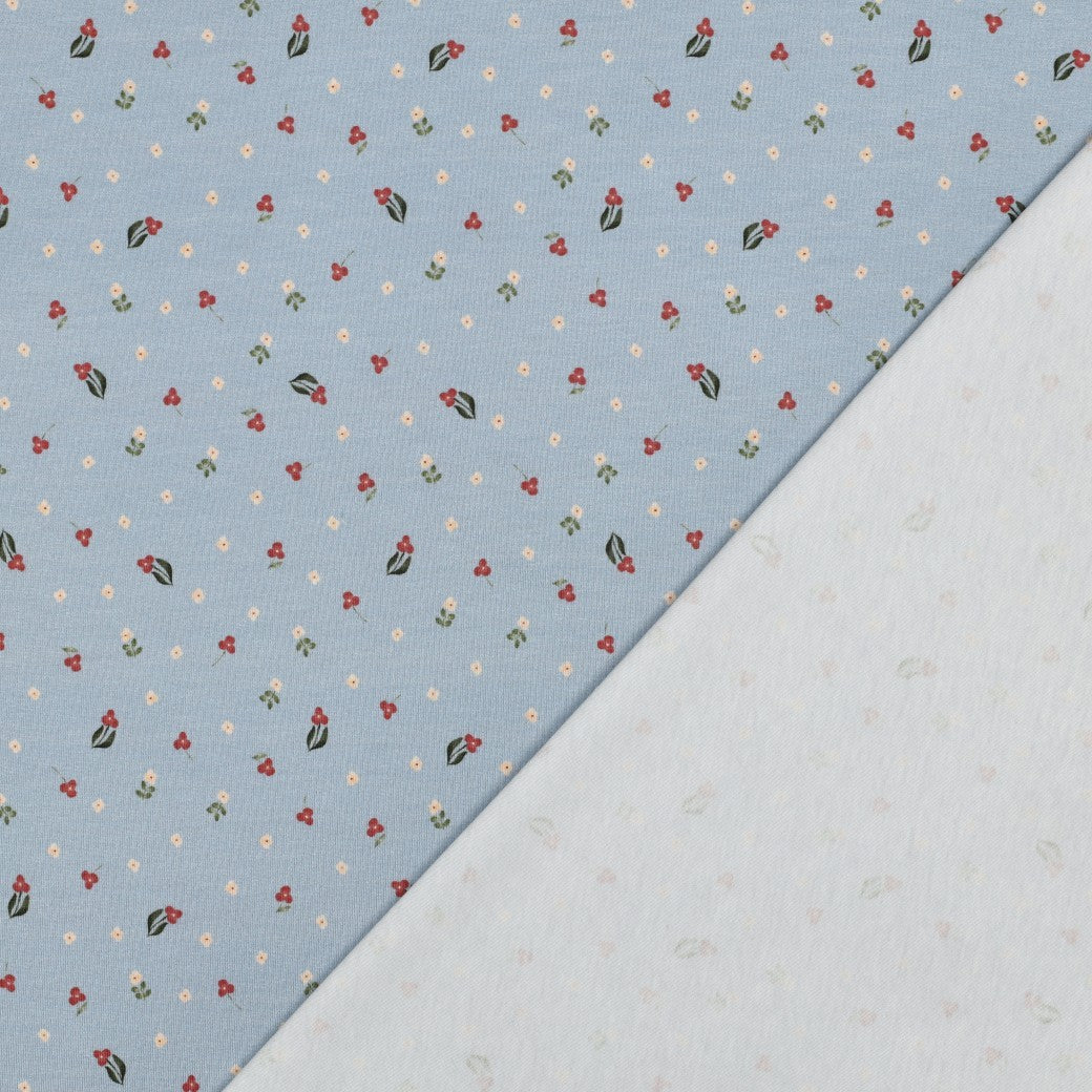BALD ERHÄLTLICH - Jersey Bio Gänse & Blumen Kombistoff blau