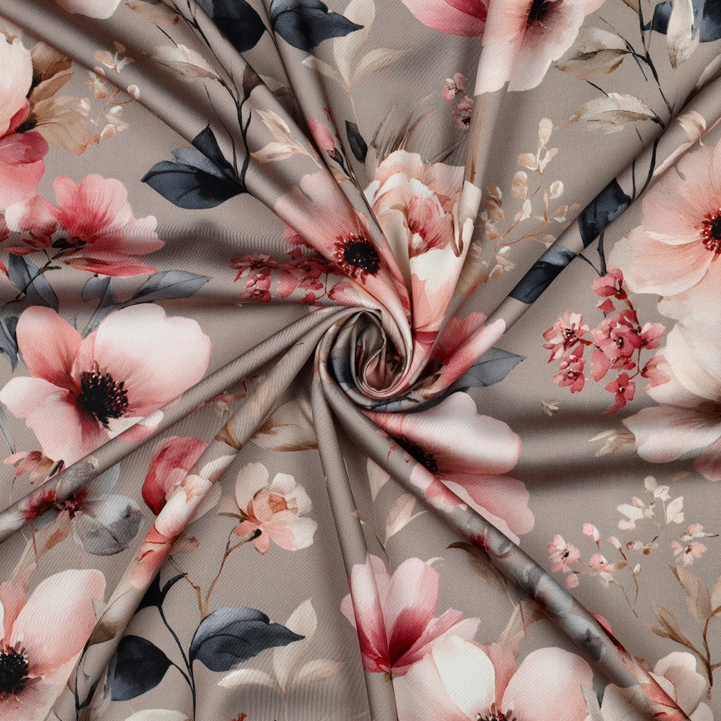 BALD ERHÄLTLICH - Viskose Satin digital Blumen rosa beige