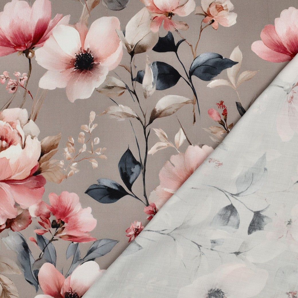 BALD ERHÄLTLICH - Viskose Satin digital Blumen rosa beige