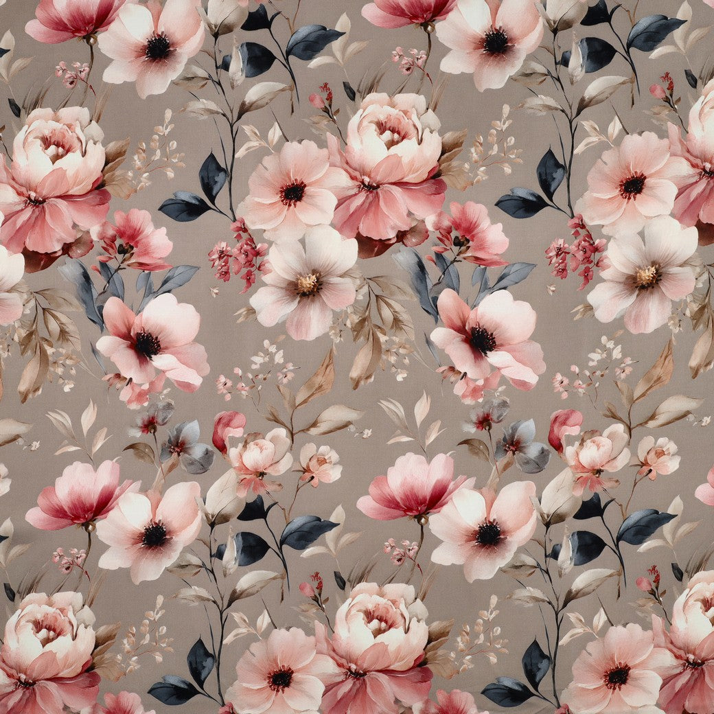 BALD ERHÄLTLICH - Viskose Satin digital Blumen rosa beige