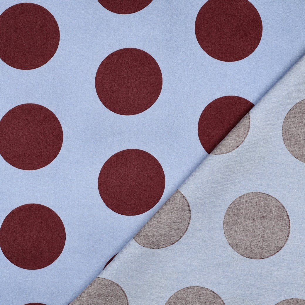 BALD ERHÄLTLICH - Baumwollsatin Polkadots hellblau braun