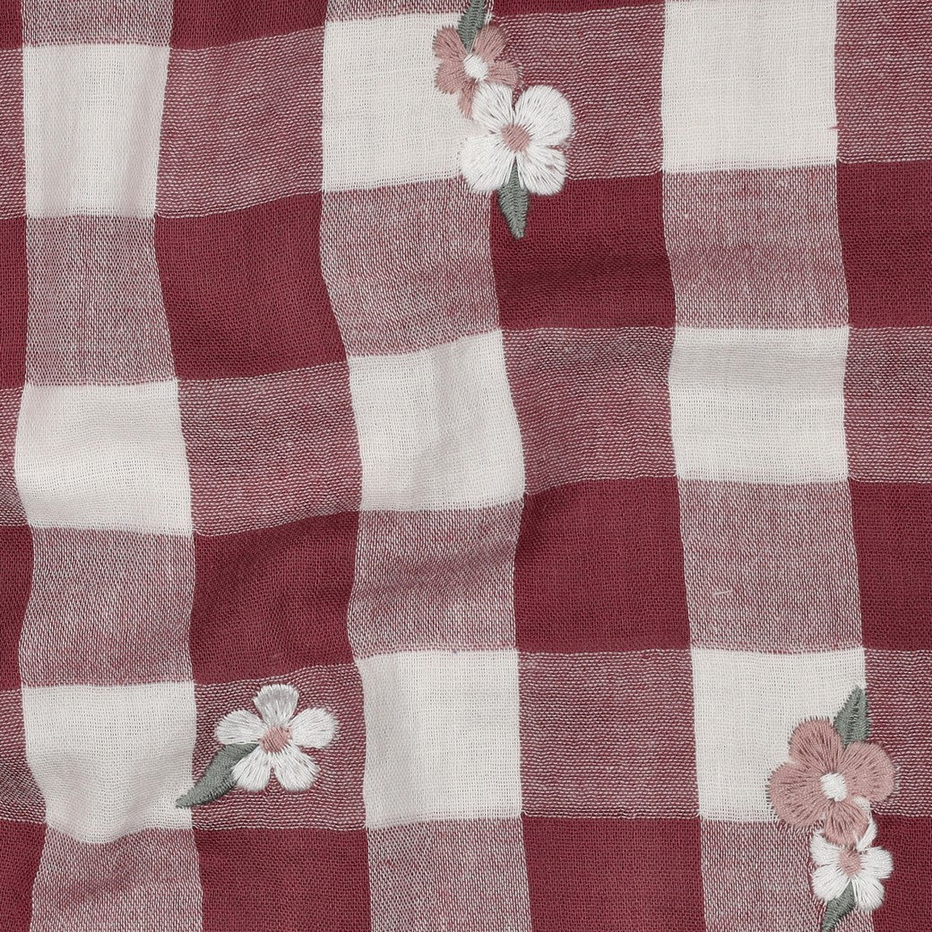 BALD ERHÄLTLICH - Double Gauze bestickt Blumen karo bordeaux