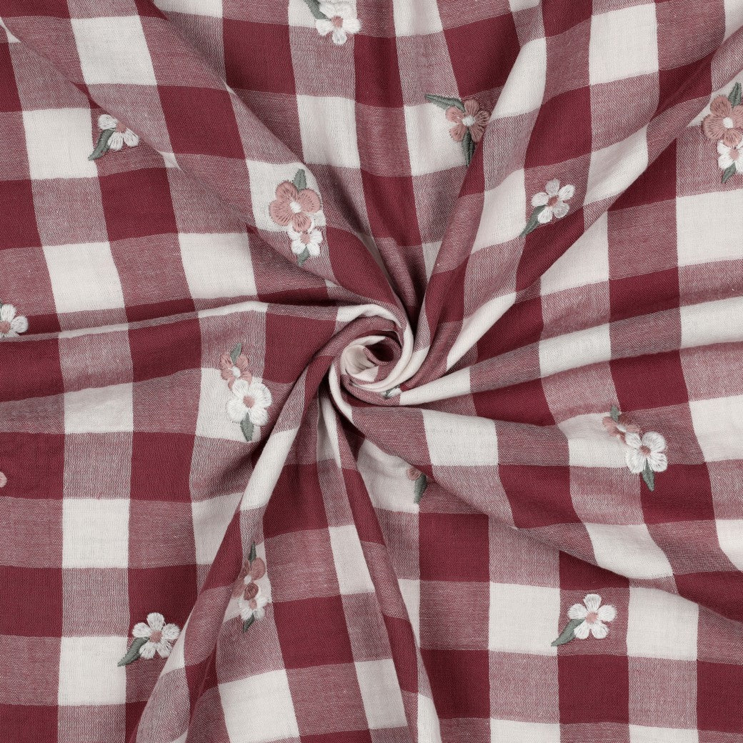 BALD ERHÄLTLICH - Double Gauze bestickt Blumen karo bordeaux