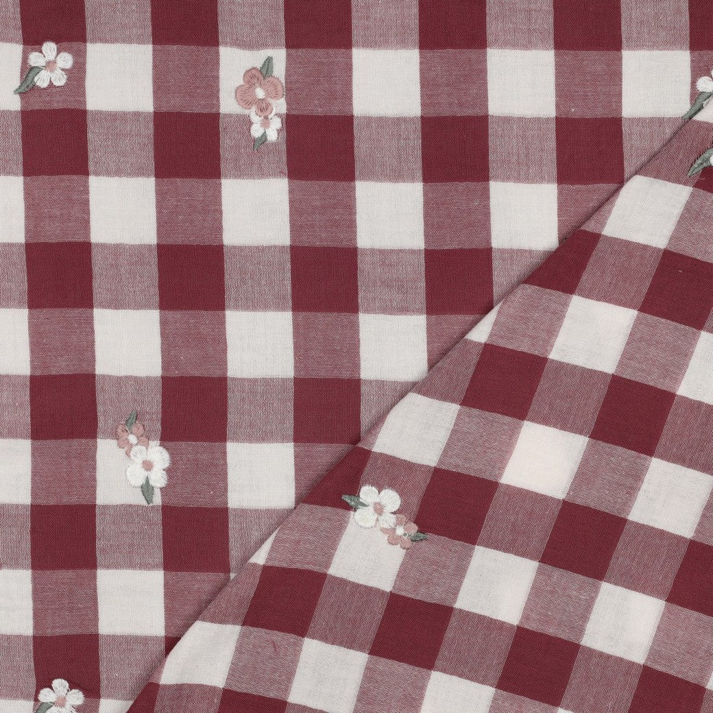 BALD ERHÄLTLICH - Double Gauze bestickt Blumen karo bordeaux