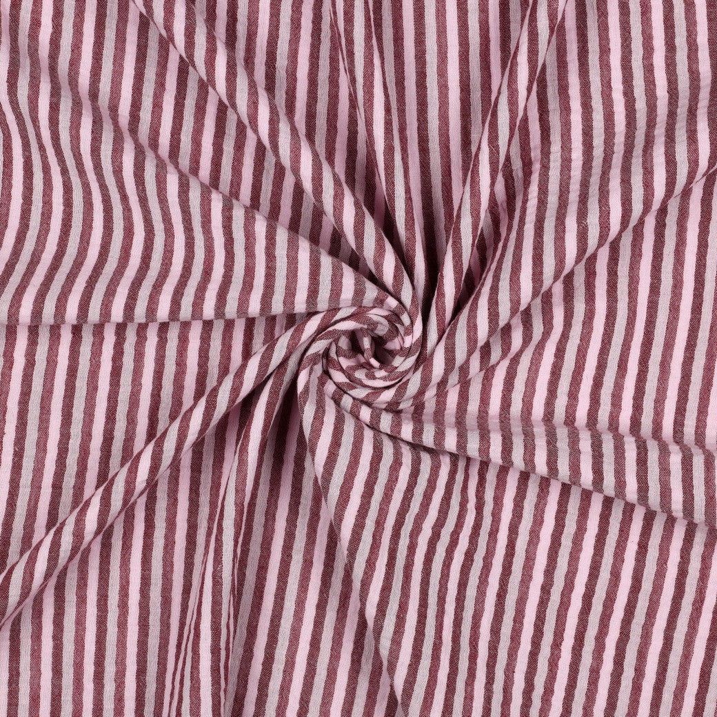 BALD ERHÄLTLICH - Musselin Streifen garngefärbt bordeaux rosa