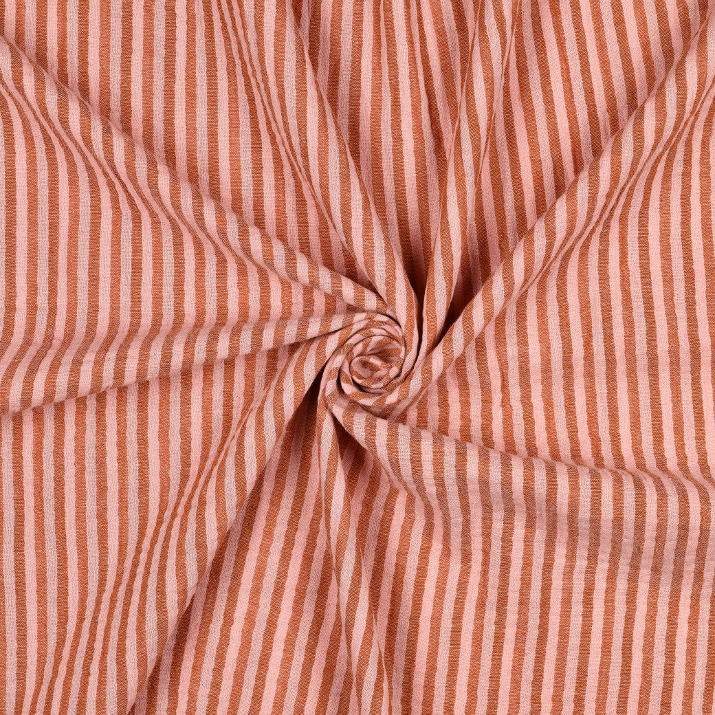BALD ERHÄLTLICH - Musselin Streifen garngefärbt orange rosa