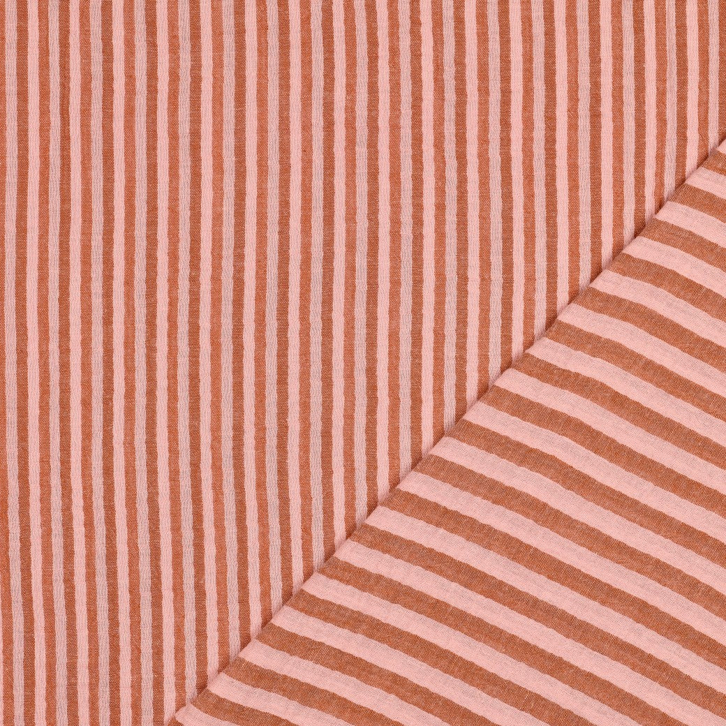 BALD ERHÄLTLICH - Musselin Streifen garngefärbt orange rosa