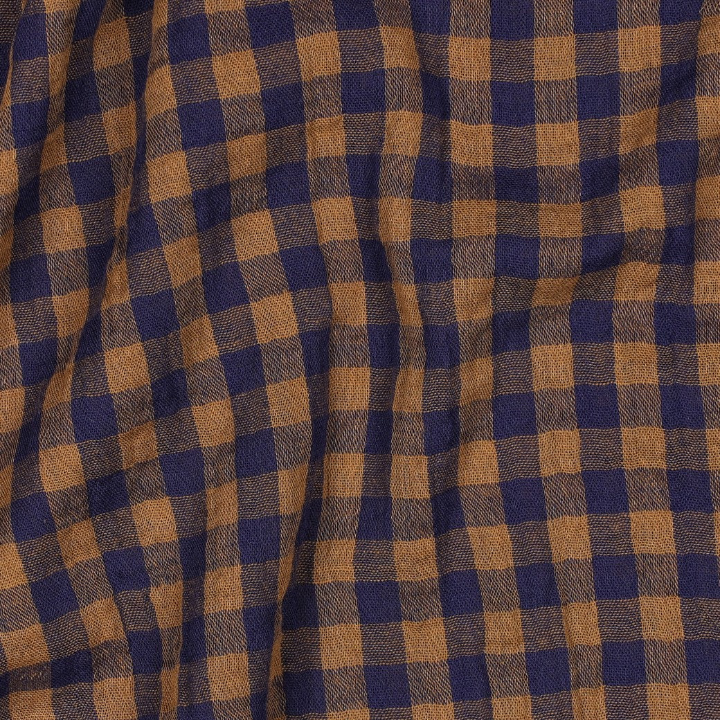 BALD ERHÄLTLICH - Musselin Karo garngefärbt cognac blau