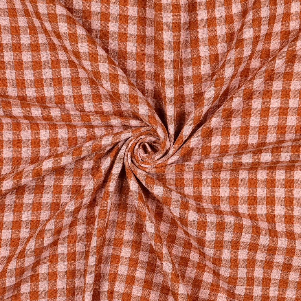 BALD ERHÄLTLICH - Musselin Karo garngefärbt orange rosa