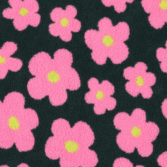 Teddystoff Flowers dunkelgrün pink
