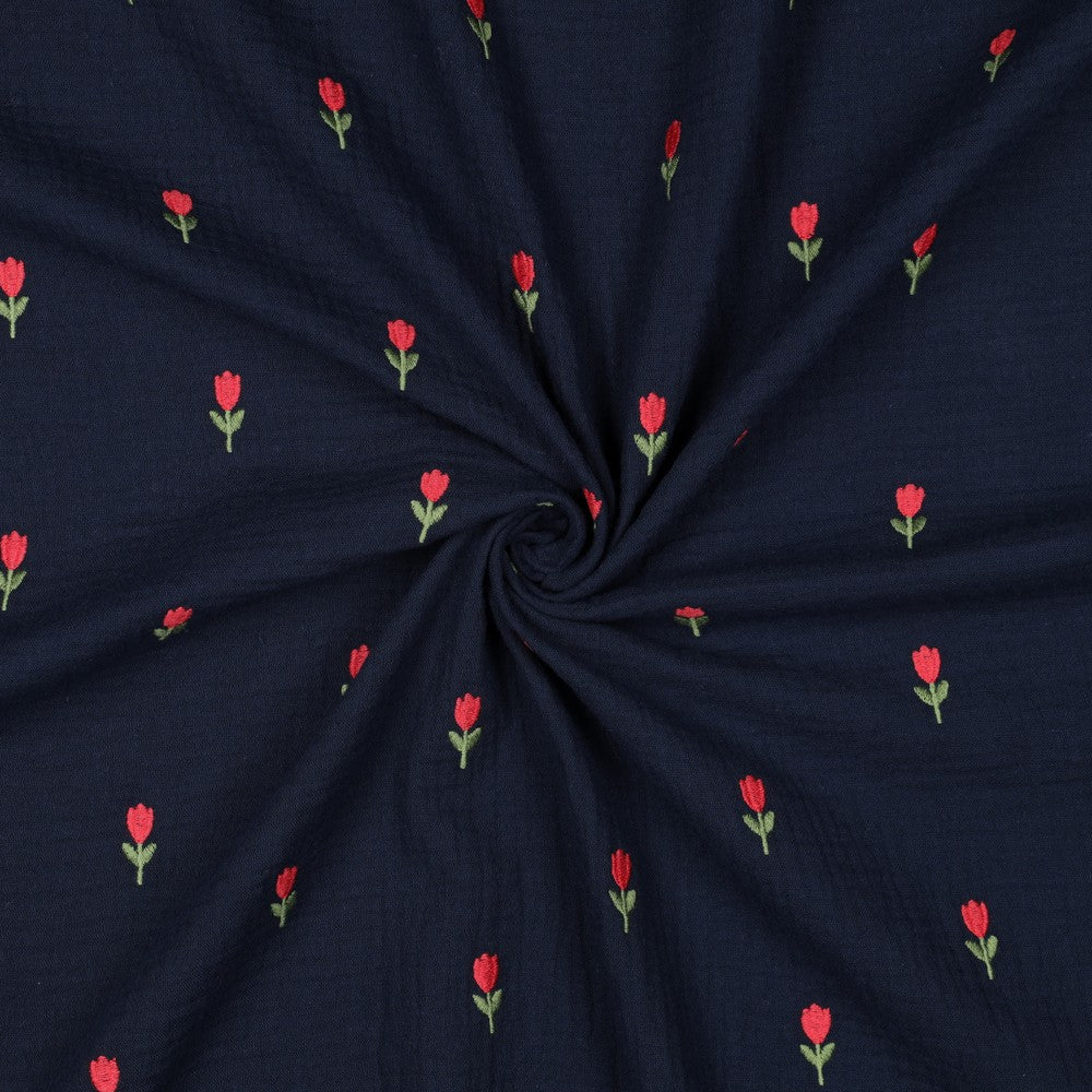Double Gauze Tulpen bestickt navy