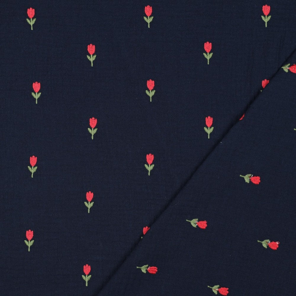 Double Gauze Tulpen bestickt navy