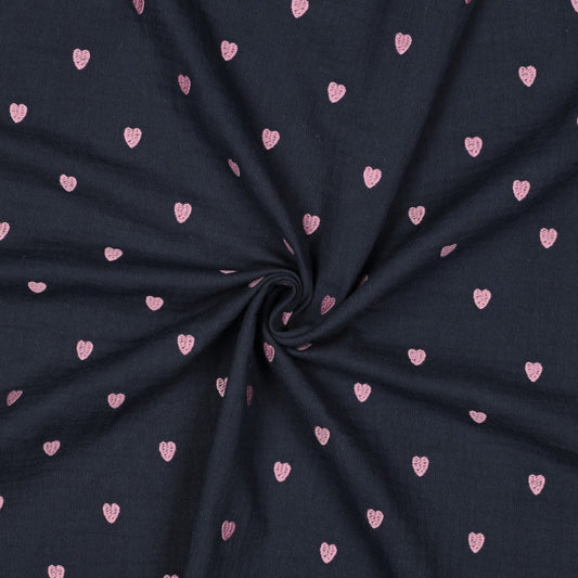 Double Gauze bestickt rosa Herzen marineblau