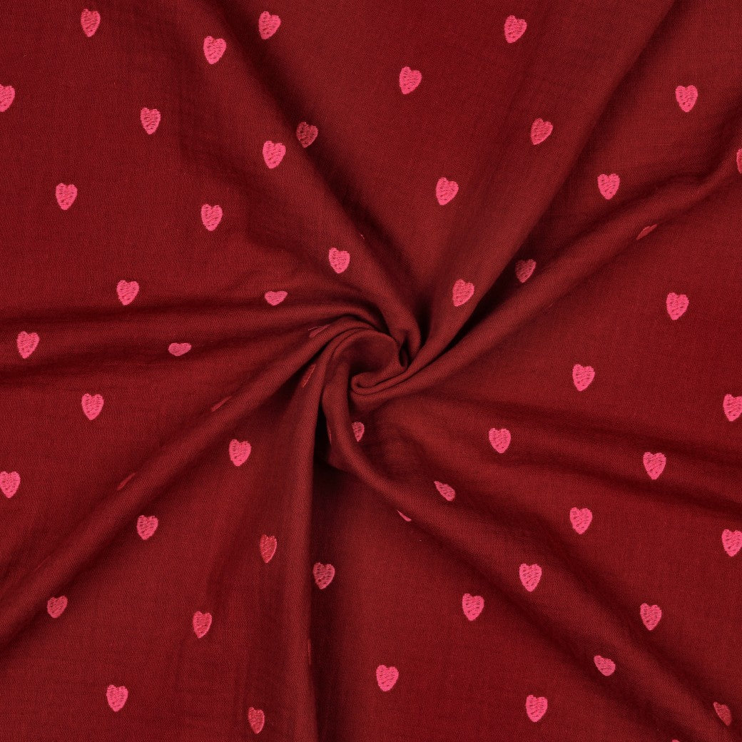 BALD ERHÄLTLICH - Double Gauze bestickt pink Herzen bordeaux