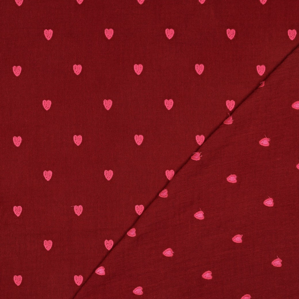 BALD ERHÄLTLICH - Double Gauze bestickt pink Herzen bordeaux