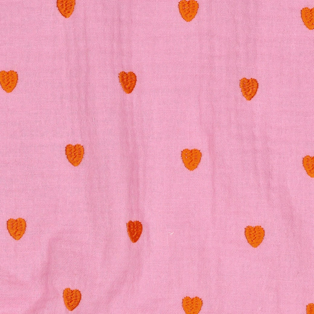 BALD ERHÄLTLICH - Double Gauze bestickt orange Herzen rosa