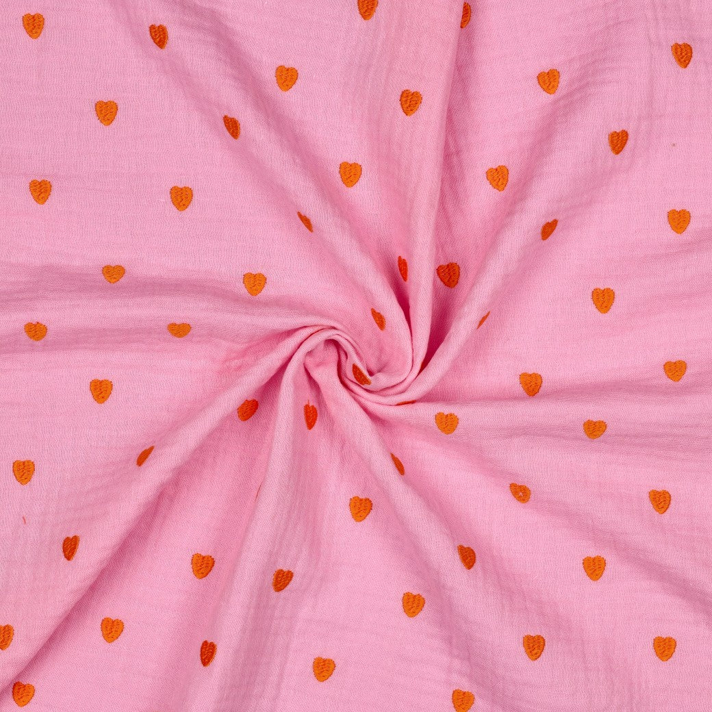 BALD ERHÄLTLICH - Double Gauze bestickt orange Herzen rosa
