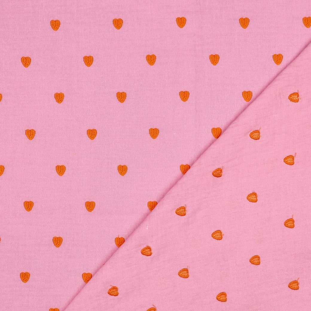 BALD ERHÄLTLICH - Double Gauze bestickt orange Herzen rosa