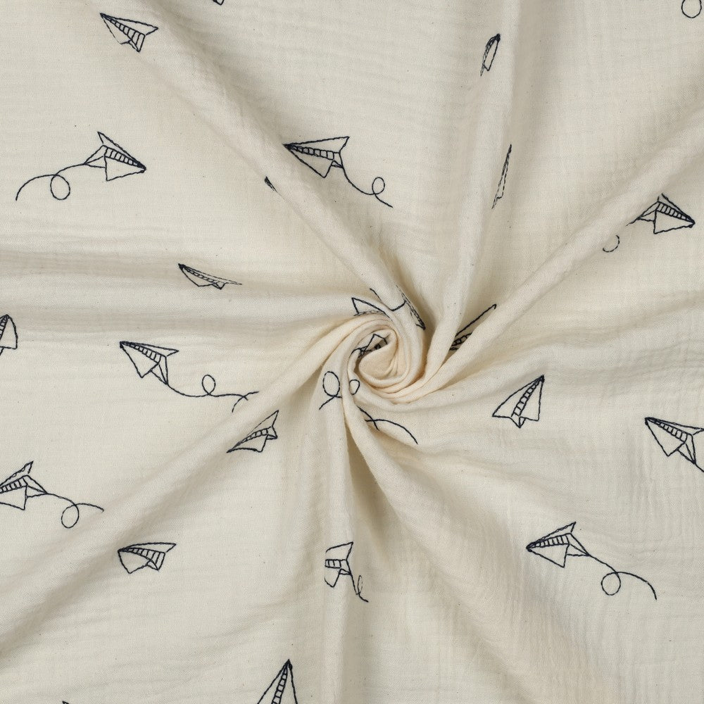 Double Gauze Musselin bestickt Papierflieger natur