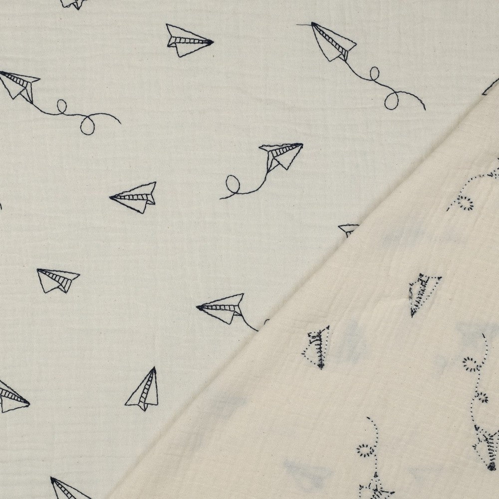 Double Gauze Musselin bestickt Papierflieger natur