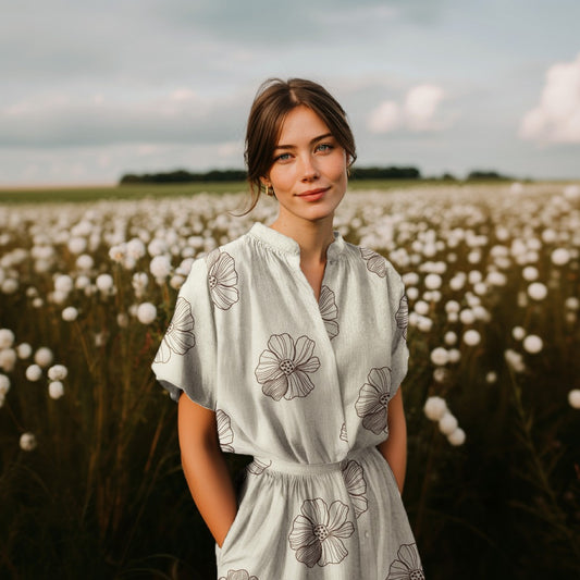 Bald erhältlich - Leinen Viskose bestickt Blumen natur