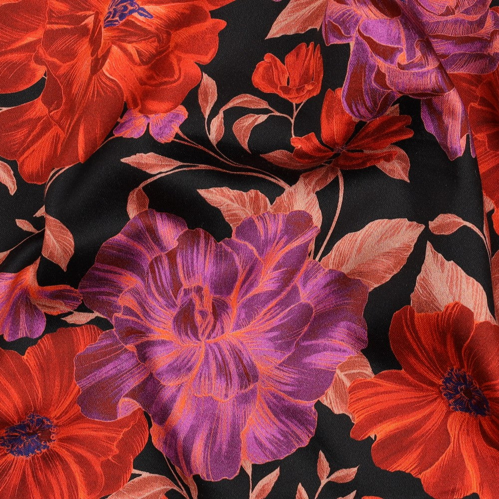 Baumwollsatin digital Flowers schwarz rot