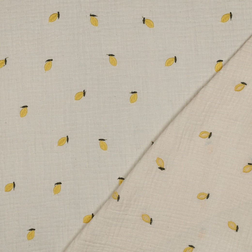 Double Gauze Musselin - Zitronen bestickt natural