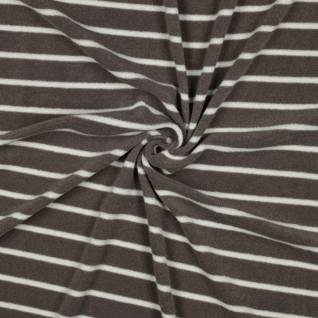 Bald erhältlich - Frottee Baumwolle garngefärbt Streifen taupe ecru