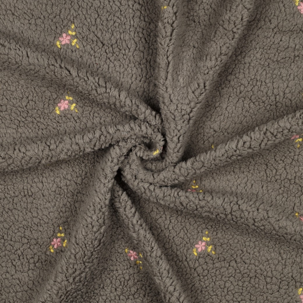 BALD ERHÄLTLICH - Teddystoff bestickt Blumen taupe