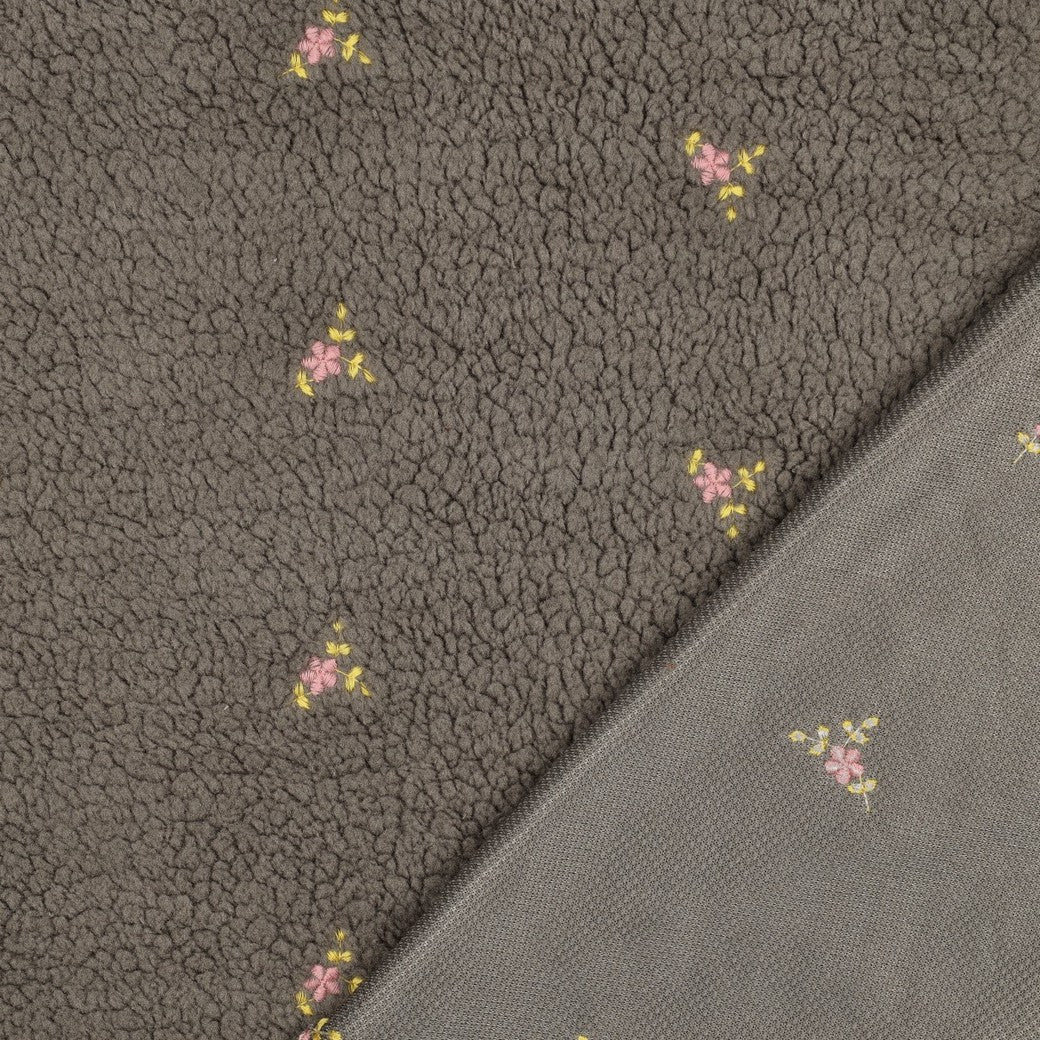 BALD ERHÄLTLICH - Teddystoff bestickt Blumen taupe