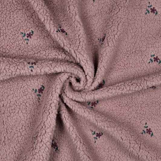 Teddystoff bestickt Blumen mauve