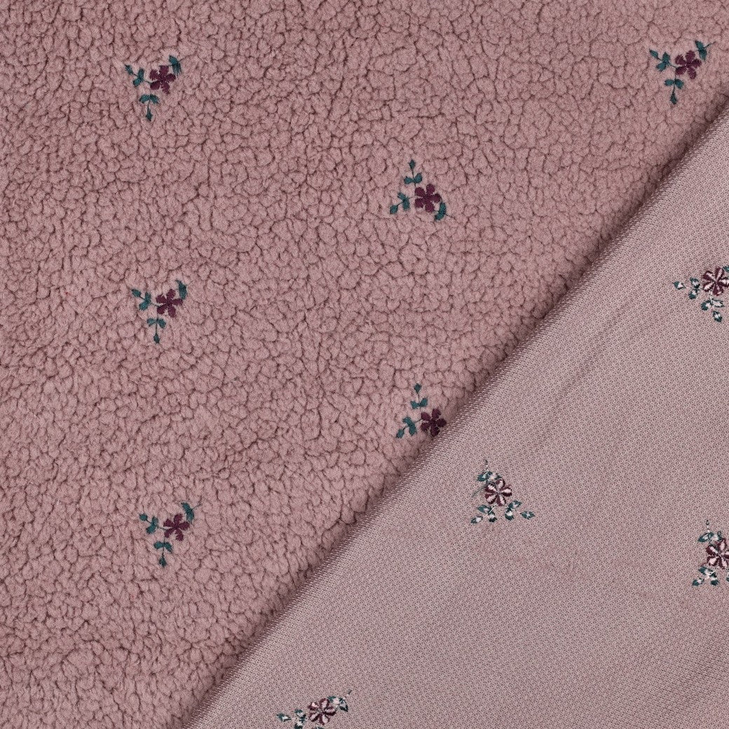 BALD ERHÄLTLICH - Teddystoff bestickt Blumen mauve