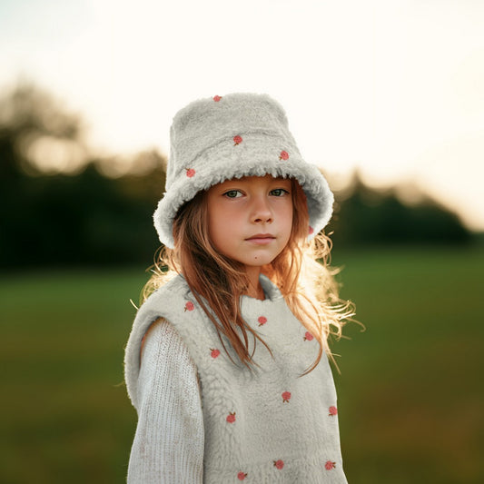 Bald erhältlich - Teddystoff bestickt Pfirsiche ecru natural