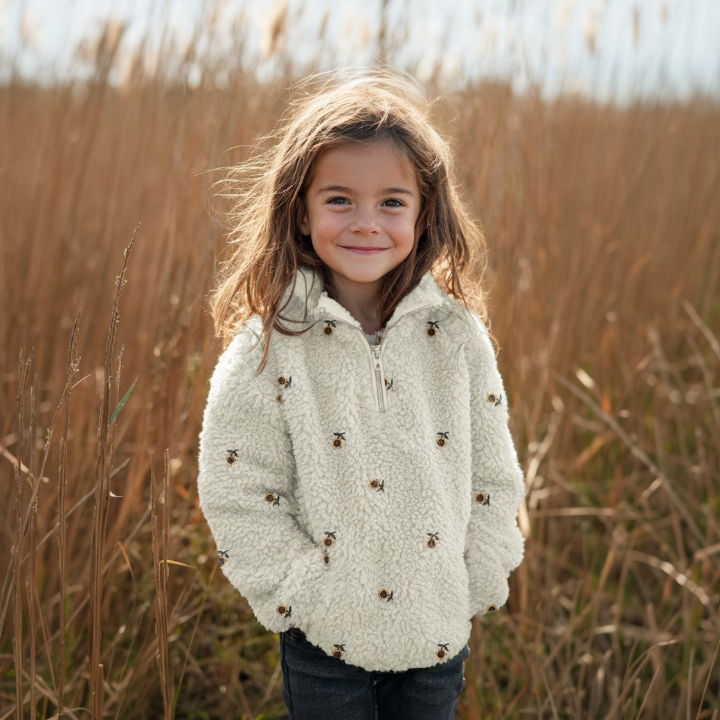 Teddystoff bestickt Sonnenblumen ecru natural
