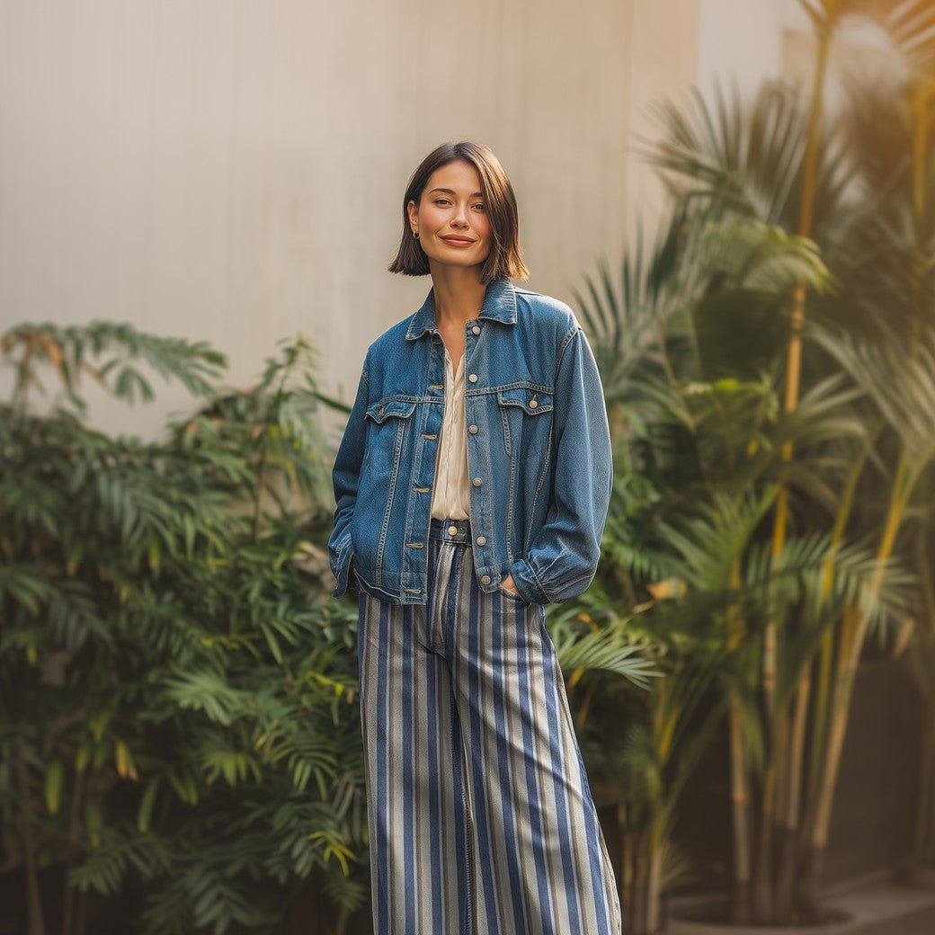 Jeans Denim garngefärbt Streifen kamel ecru