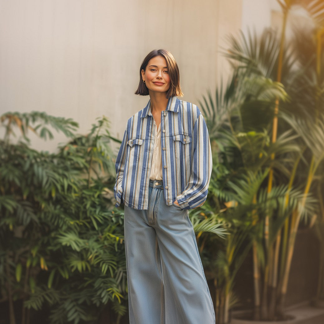 Jeans Denim garngefärbt Streifen kamel ecru