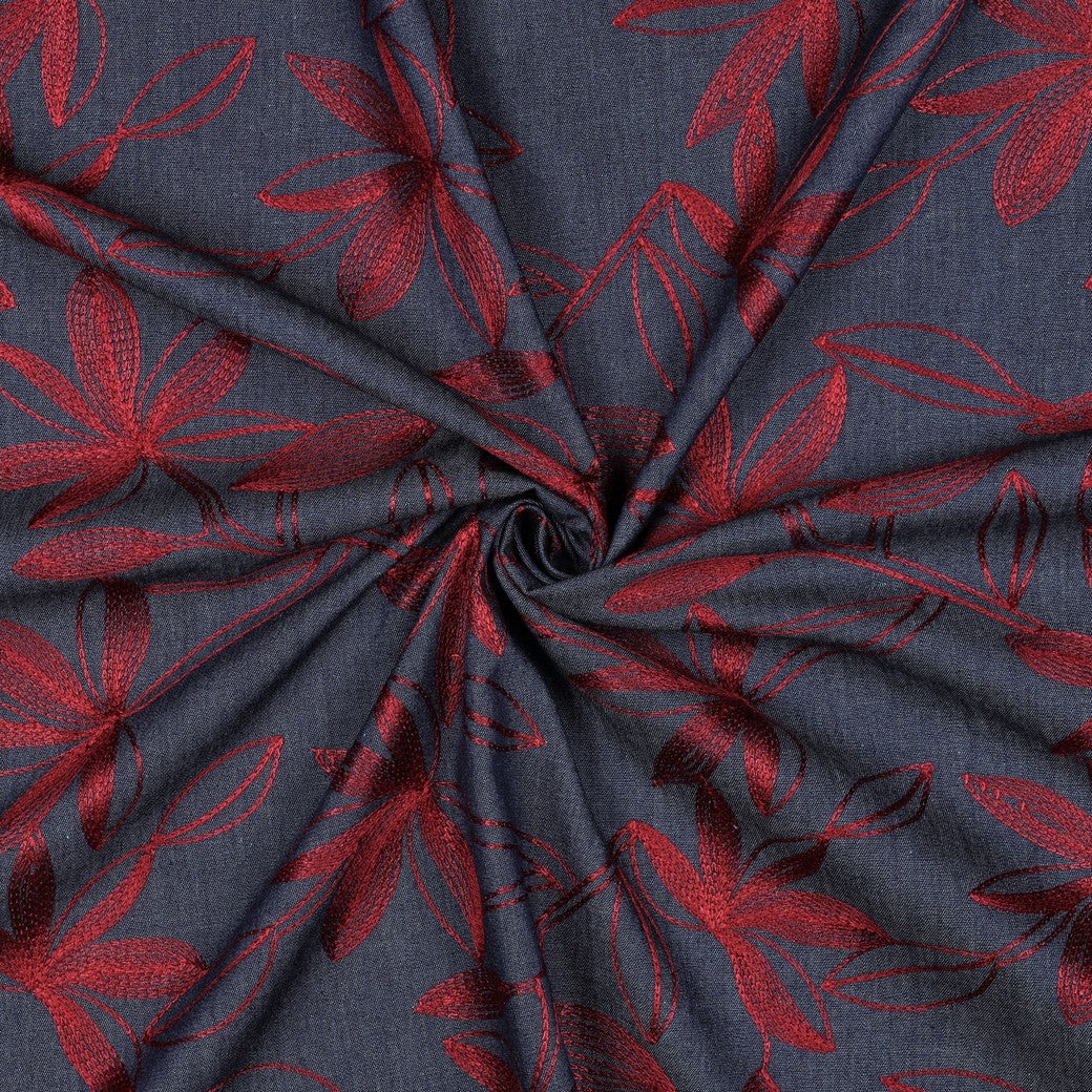 Jeans Denim bestickt Blumen bordeaux