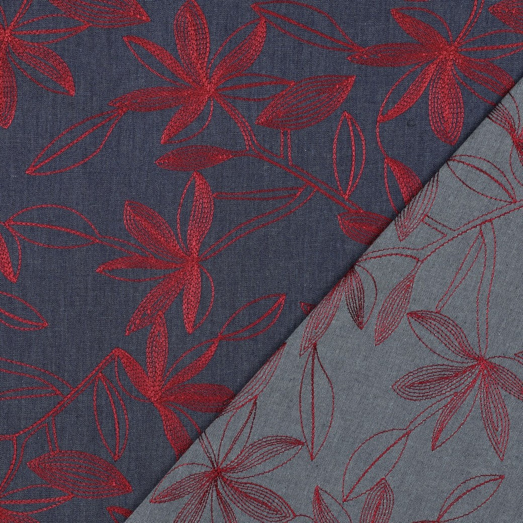Jeans Denim bestickt Blumen bordeaux