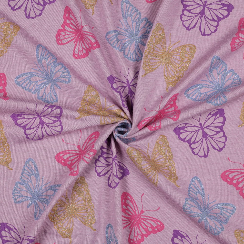 Jersey melange Glitter Schmetterlinge lila