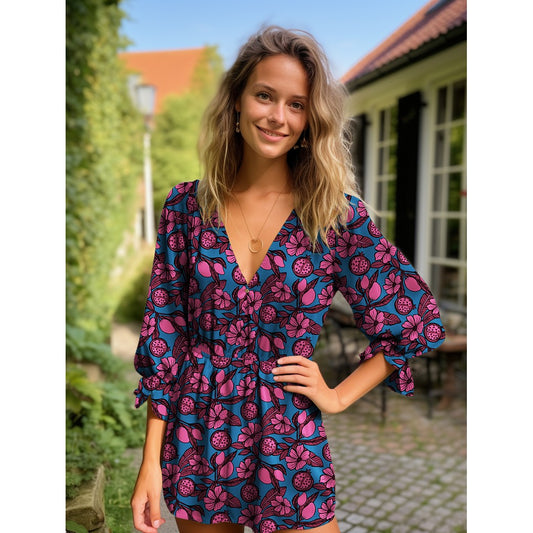 Viskose Bluse Flowers blau pink