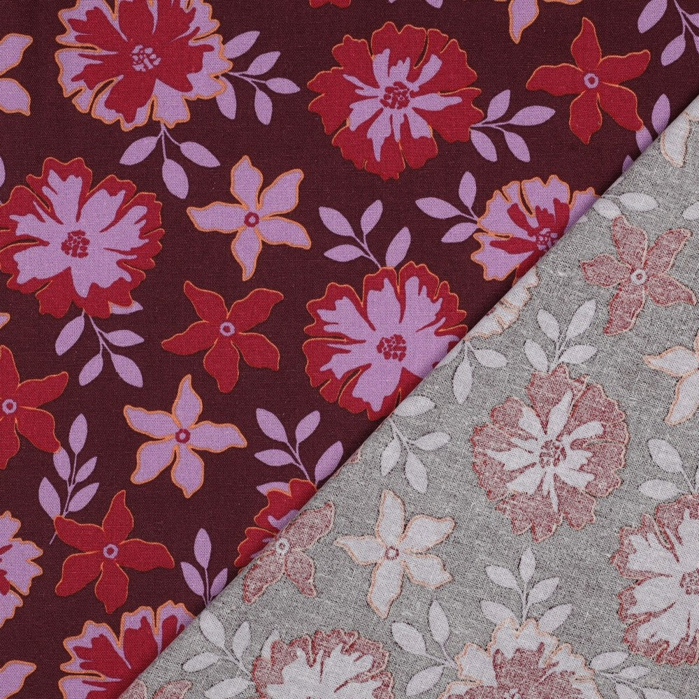 Leinen Viskose Blumen bordeaux
