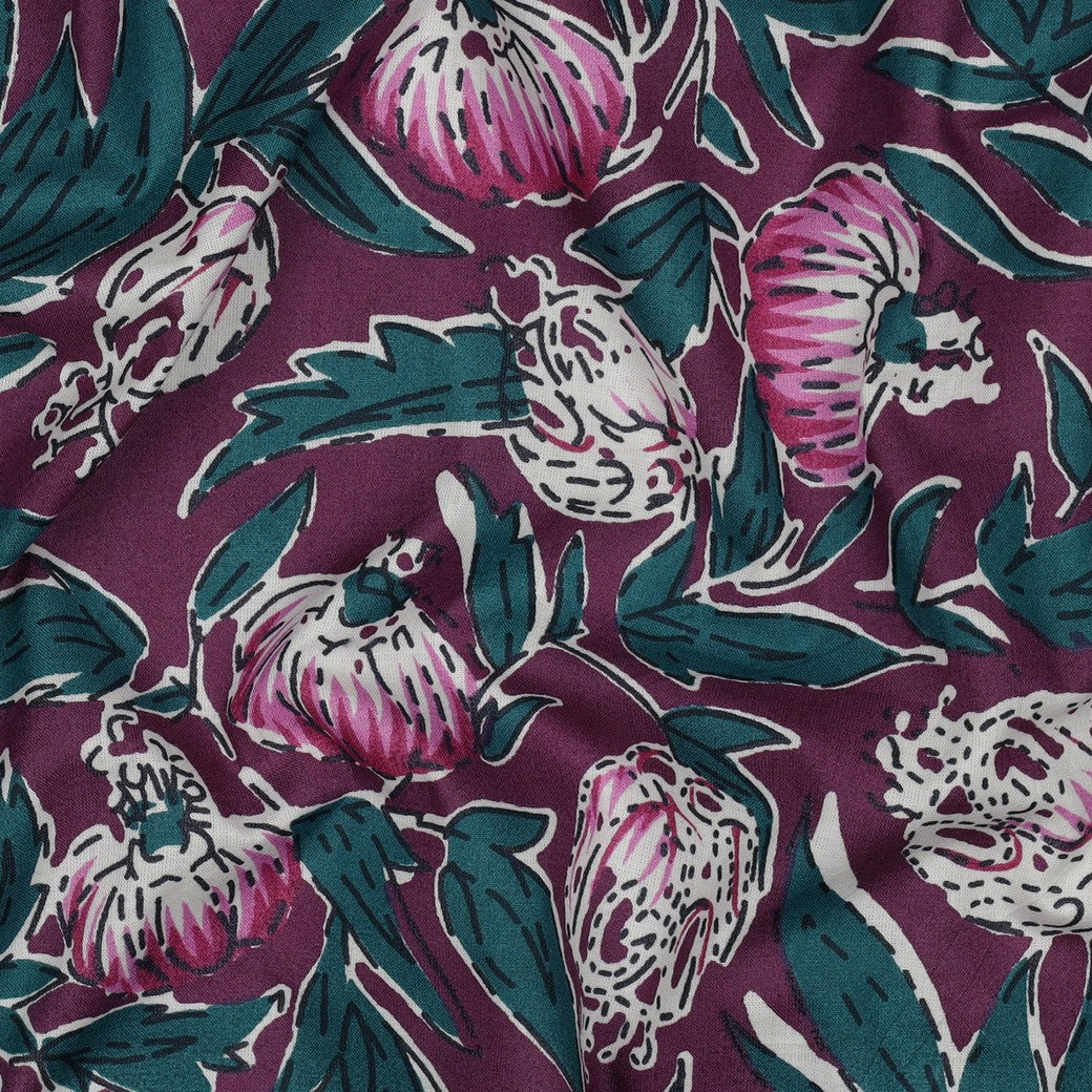 Handgefertigte Blockgedruckte Blumen aubergine petrol