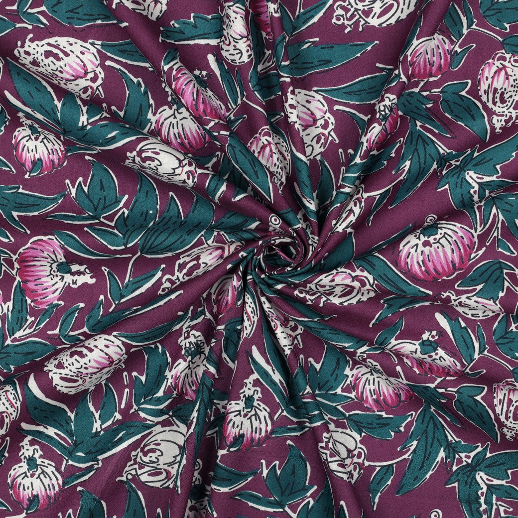 Handgefertigte Blockgedruckte Blumen aubergine petrol