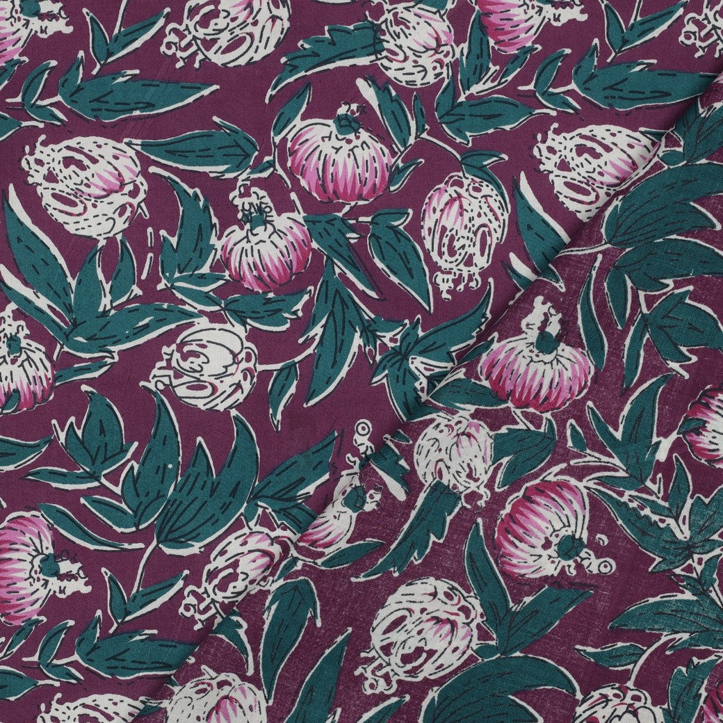 Handgefertigte Blockgedruckte Blumen aubergine petrol