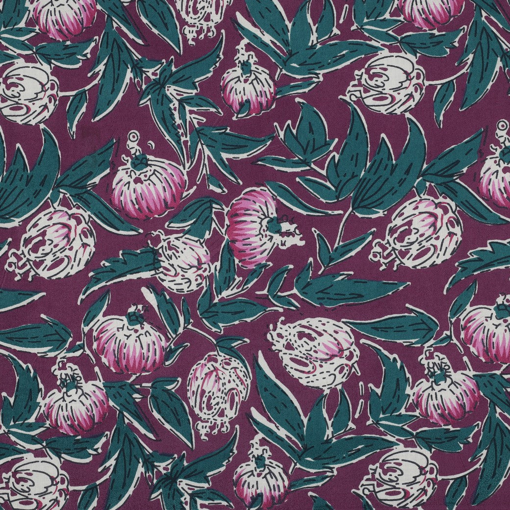 Handgefertigte Blockgedruckte Blumen aubergine petrol