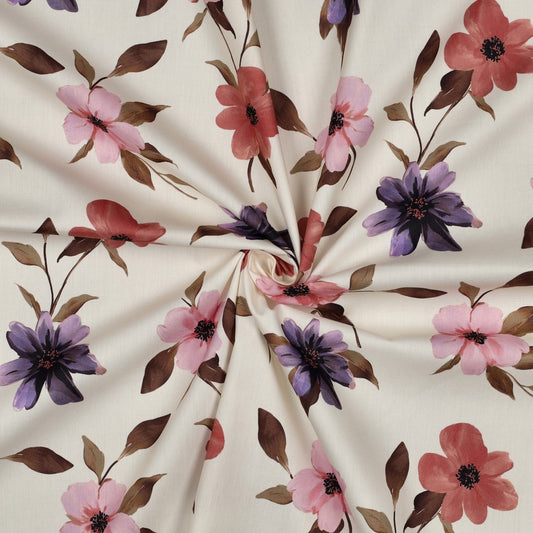 Bald erhältlich - Baumwoll Viskose digital Blumen ecru